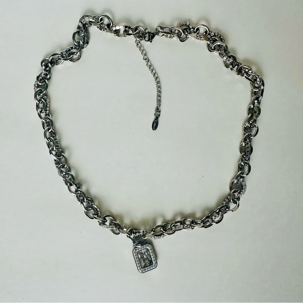 Stainless Steel Crystal Chunky Charm Pendant Necklace Paperclip Chain - Picture 3 of 9